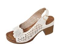 Sandali da donna con tacco a blocco, aperti sulla punta, con fiori intagliati, scarpe estive comode da camminare, altezza media, bianco, 39.5 EU