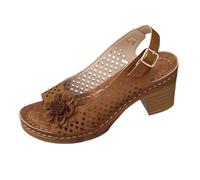 Sandali da donna con tacco a blocco, aperti sulla punta, con fiori intagliati, scarpe estive comode da camminare, altezza media, Marrone, 38 EU