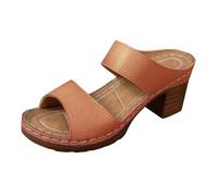 Sandali da donna con tacco a blocco, due cinturini aperti sulla punta, senza schienale, scarpe casual eleganti per l'estate, la sera e l'uso quotidiano, Marrone, 37 EU