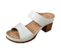 Sandali da donna con tacco a blocco, due cinturini aperti sulla punta, senza schienale, scarpe casual eleganti per l'estate, la sera e l'uso quotidiano, bianco, 38 EU