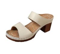 Sandali da donna con tacco a blocco, due cinturini aperti sulla punta, senza schienale, scarpe casual eleganti per l'estate, la sera e l'uso quotidiano, Beige, 38 EU