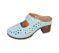 Sandali da donna con tacco a blocco, punta chiusa, punta traforata con ritagli floreali, cinturino con collo a dietro, traforato, scarpe estive all'aperto, città, stile retrò chic, 01 Blu Cielo, 39 EU