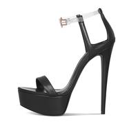 Sandali da donna con tacco a spillo e plateau, punta aperta, con cinturino alla caviglia in PVC trasparente, fibbia, per matrimoni e feste, Nero , 41.5 EU