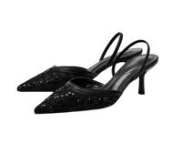 Sandali da Donna con Tacco a Spillo Ricamati Punta Affusolata e Inserti in Rete con Perline, Perfetti per Matrimoni e Feste di Nozze,Nero,39 EU