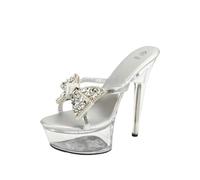 Sandali da Donna con Tacco a Spillo Slip-on Trasparenti con Fiocco di Cristallo - Tacchi Alti 15 cm per Feste di Nozze Eventi serali di Vacanza,Argento,35 EU