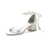 Sandali da donna con tacco basso a blocchi con cinturino alla caviglia grosso perla abito da sposa scarpe tacco basso comodo sandali a pompa, Avorio, 38 EU