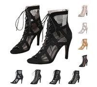 Sandali da donna con tacco e reggicalze - Sexy Peep Toe rete tomaia in rete con lacci incrociati a spillo, sandali da donna latin dance party, ballroom e occasioni festive, 01 nero, 37 EU