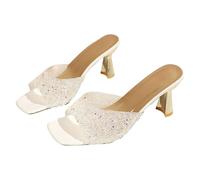 Sandali da donna con tacco medio a punta quadrata, con strass e cinturino posteriore, comodi sandali con zeppa senza spalline, leggeri con punta aperta per passeggiate casual quotidiane per le strade