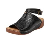 Sandali da donna con tacco, per il tempo libero, con plateau, goffratura a coccodrillo, stile romano, plantare aperto, sandali con zeppa, sandali comodi, Nero , 42 EU