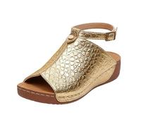 Sandali da donna con tacco, per il tempo libero, con plateau, goffratura a coccodrillo, stile romano, plantare aperto, sandali con zeppa, sandali comodi, gold, 43 EU