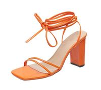 Sandali da donna con tacco quadrato, cinturino a blocco, lacci alla caviglia, comodi ed eleganti, per feste, matrimoni, ospiti, sera, abbigliamento estivo alla moda, Arancione, 38 EU