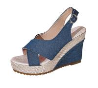 Sandali da donna con zeppa aperta punta slingback sandali in tessuto denim piattaforma pantofole estive spiaggia casual scarpe da passeggio nero bianco, Blu, 40.5 EU