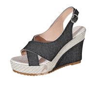Sandali da donna con zeppa aperta punta slingback sandali in tessuto denim piattaforma pantofole estive spiaggia casual scarpe da passeggio nero bianco, Nero , 39 EU