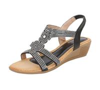 Sandali da donna con zeppa bassa e strass scintillanti, con barra a T, scarpe estive da donna elastiche con cinturino posteriore, eleganti e eleganti, per feste e vacanze, Nero , 38 EU