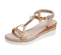 Sandali da donna con zeppa bohémien, scarpe estive con plateau elastico e cinturino posteriore intrecciato, con barra a T, sandali da spiaggia e vacanze, sandali comodi da, Oro, 37.5 EU