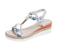 Sandali da donna con zeppa bohémien, scarpe estive con plateau elastico e cinturino posteriore intrecciato, con barra a T, sandali da spiaggia e vacanze, sandali comodi da, Argento, 40.5 EU