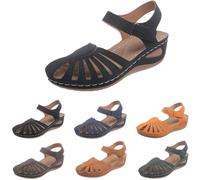 Sandali da donna con zeppa, comodi, estivi, con supporto per arco plantare, punta chiusa, cinturino alla caviglia, sandali da passeggio casual in pelle, scarpe ortopediche in pelle retrò, leggere
