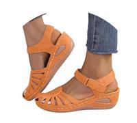 Sandali da donna con zeppa, comodi, estivi, con supporto per arco plantare, punta chiusa, cinturino alla caviglia, sandali da passeggio casual in pelle, scarpe ortopediche in pelle retrò, leggere