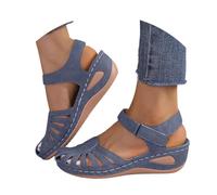 Sandali da donna con zeppa, comodi, estivi, con supporto per arco plantare, punta chiusa, cinturino alla caviglia, sandali da passeggio casual in pelle, scarpe ortopediche in pelle retrò, leggere