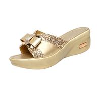 Sandali da donna con zeppa, con plateau, antiscivolo, con punta aperta, con strass, traspiranti, estivi, morbidi e confortevoli, per esterni, interni e spiaggia, Oro, 37 EU