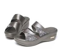 Sandali da donna con zeppa, con plateau, con punta aperta, sandali estivi traspiranti da spiaggia con tomaia glitterata, antiscivolo, comodi e spessi, per spiaggia, Grigio, 39.5 EU