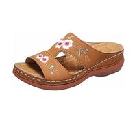 Sandali da donna con zeppa con ricamo floreale, casual, punta aperta, comode, tacco medio, scarpe estive da passeggio, Marrone, 38 EU