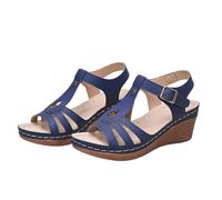 Sandali da donna con zeppa, eleganti, per il tempo libero, con strass, strass, da spiaggia, con zeppa, traspiranti, con cinturino regolabile, Blu marino, 36 EU