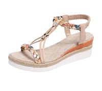 Sandali da donna con zeppa, espadrillas bohémien, intrecciati, con cinturino a T, estivi, comodi, da passeggio, con cinturino elastico posteriore, Beige, 38.5 EU