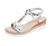 Sandali da donna con zeppa, espadrillas bohémien, intrecciati, con cinturino a T, estivi, comodi, da passeggio, con cinturino elastico posteriore, Argento, 37.5 EU