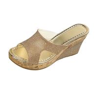 Sandali da donna con zeppa glitterata con punta aperta, senza lacci, con plateau, suola in sughero, comodi, estivi, per feste, serate, tutti i giorni, Oro, 39 EU