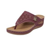 Sandali da donna con zeppa impreziositi con strass, pantofole estive con plateau, comode scarpe da spiaggia, Rosso, 36 EU