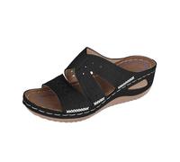 Sandali da donna con zeppa, in pelle, con supporto per l'arco plantare, sandali larghi per la spiaggia, scarpe estive per giardino, shopping e brevi passeggiate in città, Nero , 36 EU