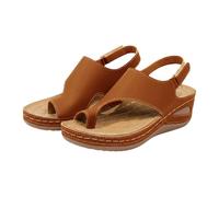 Sandali da donna con zeppa nera, stile retrò, con anello per dita dei piedi, scarpe aperte alla caviglia, per l'estate e tutti i giorni, per viaggi e passeggiate, Marrone, 39 EU