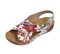 Sandali da donna con zeppa | Punta aperta con flange incrociate, stampa floreale, ritagli laterali e flangia posteriore, suola spessa con zeppa leggera | spiaggia, tempo libero, vacanza, primavera