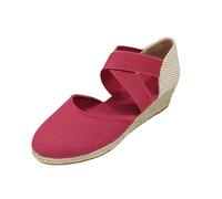 Sandali da donna con zeppa, punta chiusa, con cinghie incrociate elastiche, piattaforma bassa, suola in iuta, scarpe estive per le vacanze, Rosso, 37 EU