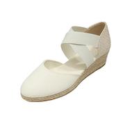 Sandali da donna con zeppa, punta chiusa, con cinghie incrociate elastiche, piattaforma bassa, suola in iuta, scarpe estive per le vacanze, bianco, 38.5 EU