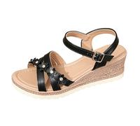 Sandali da donna con zeppa, sandali con plateau, eleganti e rotonde, con punta aperta, traspiranti, antiscivolo, con fibbia regolabile alla caviglia, comodi cuscini, scarpe estive per feste, Nero , 39