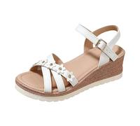 Sandali da donna con zeppa, sandali con plateau, eleganti e rotonde, con punta aperta, traspiranti, antiscivolo, con fibbia regolabile alla caviglia, comodi cuscini, scarpe estive per feste, bianco