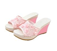 Sandali da donna con zeppa, sandali con zeppa da donna, aperti sulla punta, traspiranti, con applicazione floreale, comodi cuscini, pantofole estive antiscivolo con suola testurizzata, scarpe per
