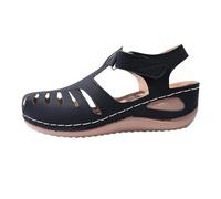 Sandali da donna estivi, con punta chiusa, taglie grandi, con zeppa, suola con plateau, traspiranti, con cinturino con fibbia, stile romano da donna, in pelle piatta per feste e sera, Nero , 37 EU