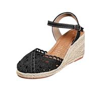 Sandali da donna estivi con zeppa, piattaforma con punta chiusa, da donna, in pizzo, scarpe antiderapanti traspiranti e nudi, piedi boheme, punta aperta e cinturino alla caviglia comfort, Nero , 35 EU