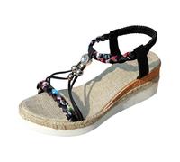 Sandali da donna estivi, sandali da donna, comodi, espadrillas con zeppa, cavigliera regolabile con lacci, comodi per camminare, vacanze, stile boho, casual, eleganti, comodi e resistenti, Nero , 41
