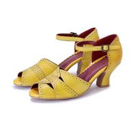 Sandali da donna fatti a mano in pelle di agnello retrò casual Peep Toe gattino tacco a blocco fibbia cinturino scarpe pompe, Giallo, 34.5 EU
