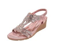 Sandali da donna glitterati con zeppa, per il tempo libero, comodi, esti | Sandali a zeppa con morbidi paillette, fiori, strass, eleganti, antiscivolo, con cinturino elastico sul tallone