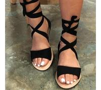 Sandali da donna in corda moda romana sandali piatti da donna con dimensione cava per eleganti giornate estive, Nero , 38 EU