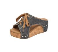 Sandali da donna in denim retrò, con plateau, con lacci, casual, con zeppa in sughero, con borchie laterali, per vacanze estive e abiti da strada, Nero , 40.5 EU