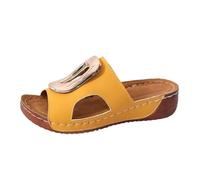 Sandali da donna in pelle con punta aperta al dettaglio in metallo, suola piatta di grandi dimensioni, suola comfort - scarpe con zeppa donna estate comfort camminata all'aperto elegante, giallo, 38