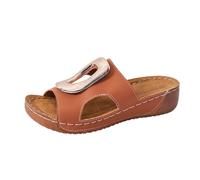 Sandali da donna in pelle con punta aperta al dettaglio in metallo, suola piatta di grandi dimensioni, suola comfort - scarpe con zeppa donna estate comfort camminata all'aperto elegante, marrone, 42