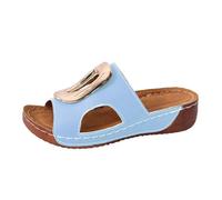 Sandali da donna in pelle con punta aperta al dettaglio in metallo, suola piatta di grandi dimensioni, suola comfort - scarpe con zeppa donna estate comfort camminata all'aperto elegante, Azzurro, 42