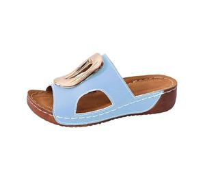 Sandali da donna in pelle con punta aperta al dettaglio in metallo, suola piatta di grandi dimensioni, suola comfort - scarpe con zeppa donna estate comfort camminata all'aperto elegante, Azzurro, 42